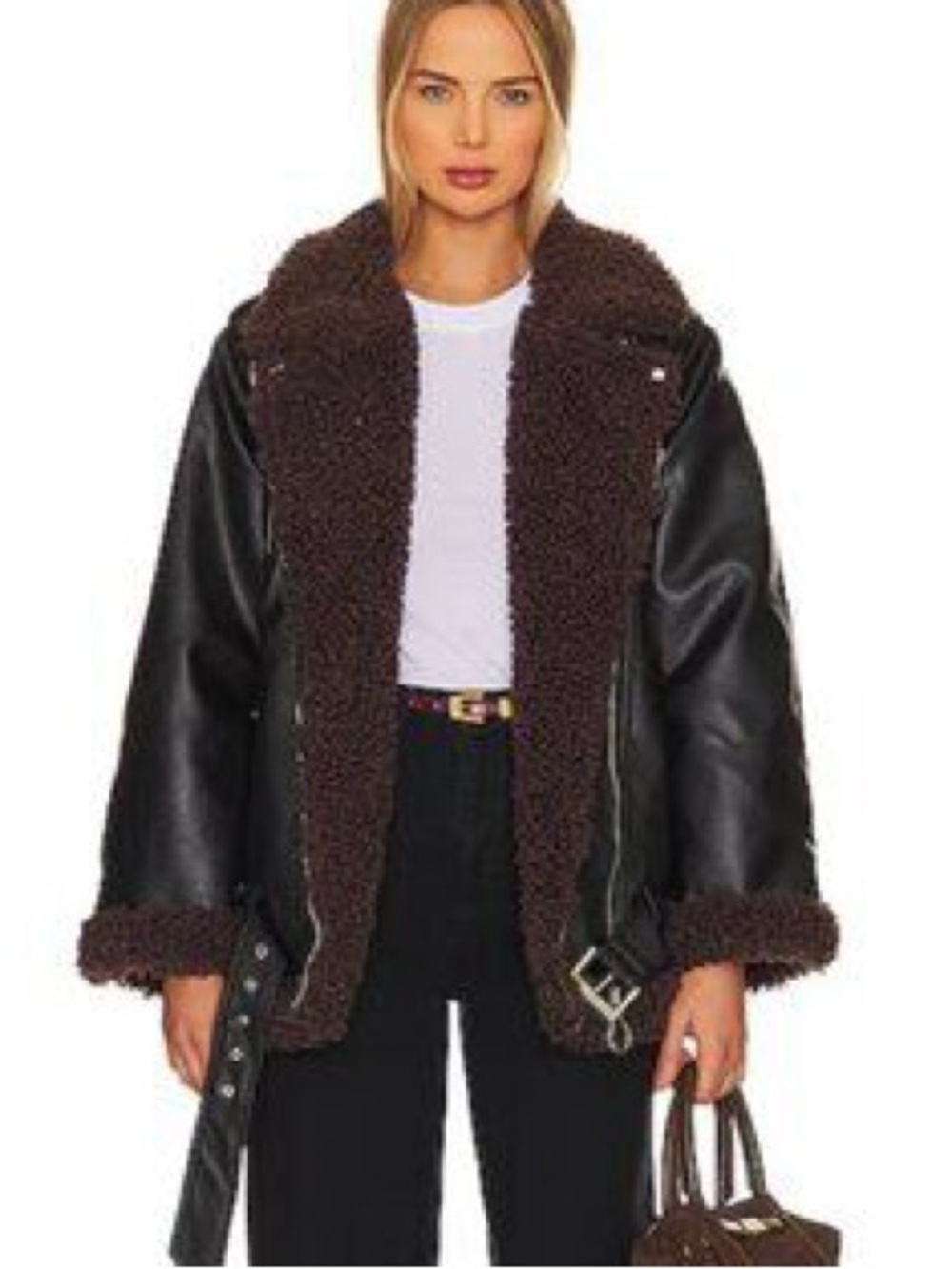 WeWoreWhat Black Leather Moto Jacket with Brown Sherpa Trim - Size S